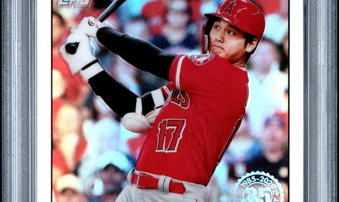 2020 Topps Chrome Shohei Ohtani Angels PSA 10 graded baseball card, swinging bat.