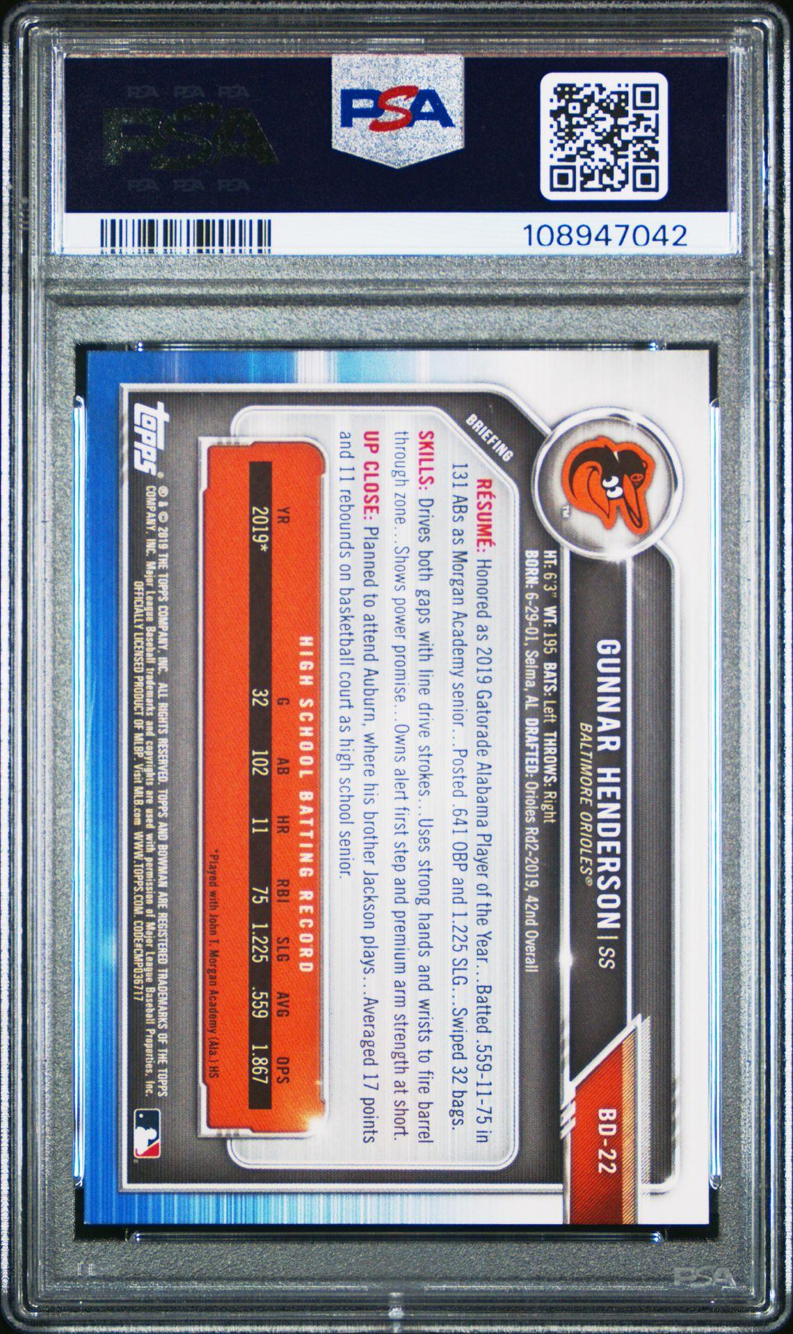 2019 Bowman Draft #BD-22 Gunnar Henderson 1st Bowman PSA 9 - LoCo Collectables