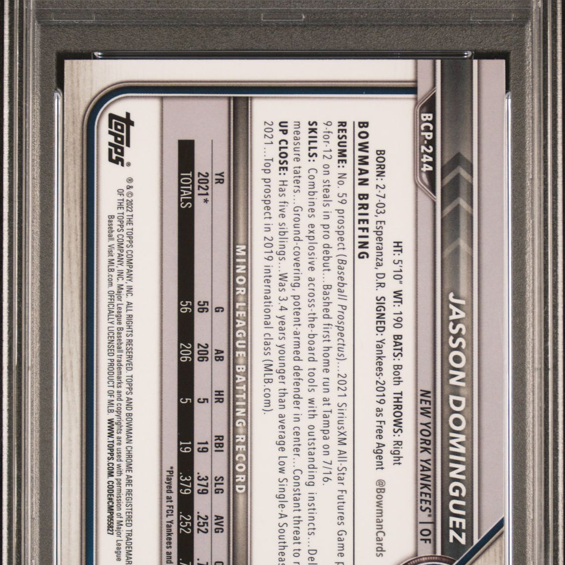 Jasson Dominguez 2022 Bowman Chrome Prospects #BCP-244 PSA 10 GEM MINT - LoCo Collectables