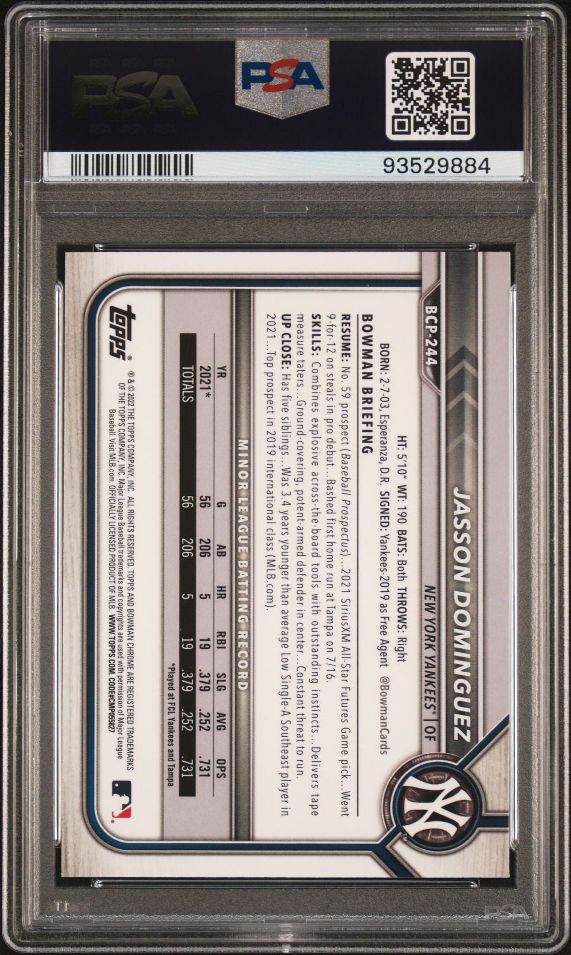 Jasson Dominguez 2022 Bowman Chrome Prospects #BCP-244 PSA 10 GEM MINT - LoCo Collectables