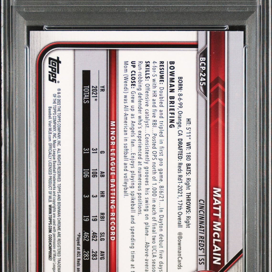 Matt McLain 2022 Bowman Chrome Prospects Black and White Mini-Diamond Refractors #BCP-245 (1st Bowman) PSA 10 GEM MINT - LoCo Collectables