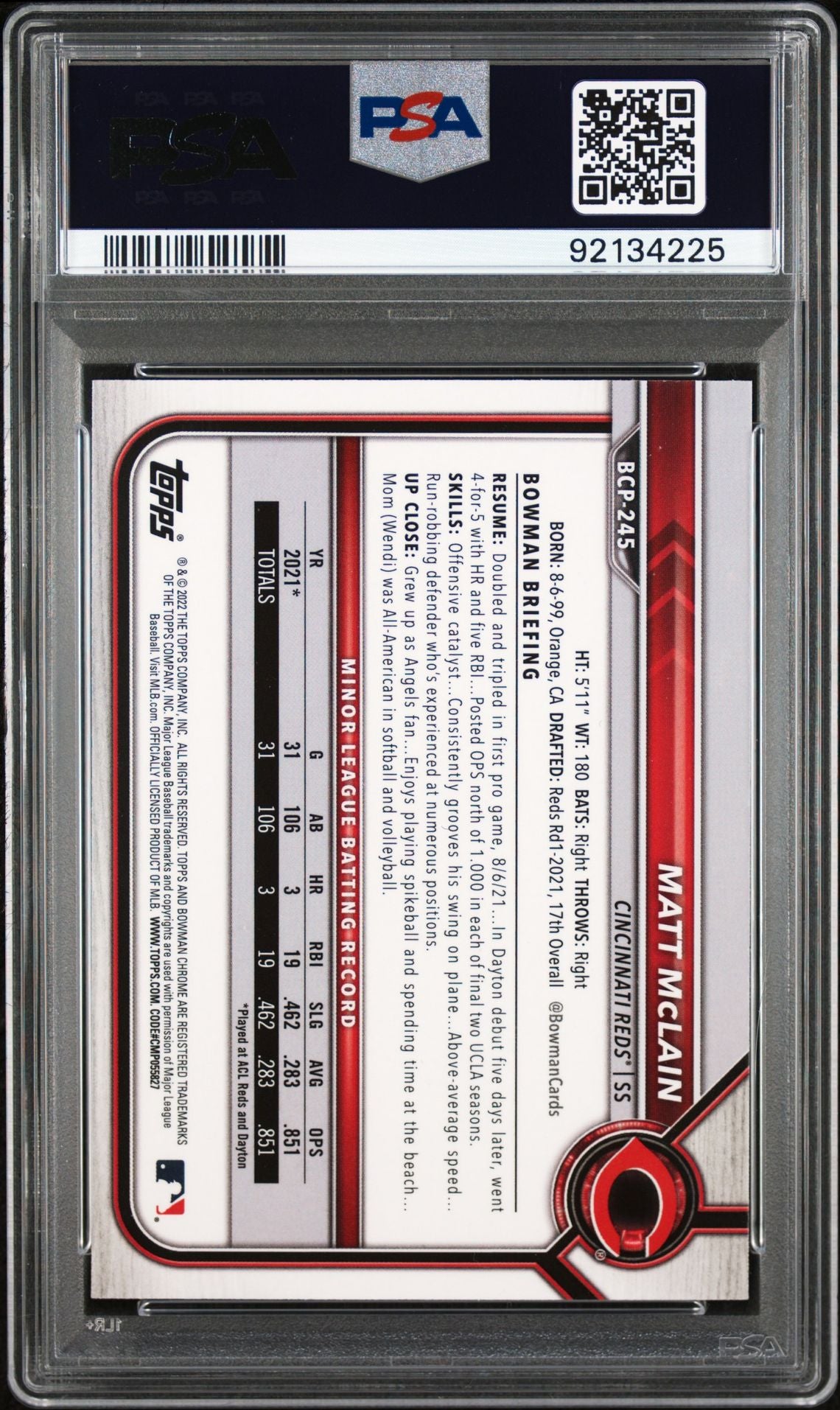 Matt McLain 2022 Bowman Chrome Prospects Black and White Mini-Diamond Refractors #BCP-245 (1st Bowman) PSA 10 GEM MINT - LoCo Collectables