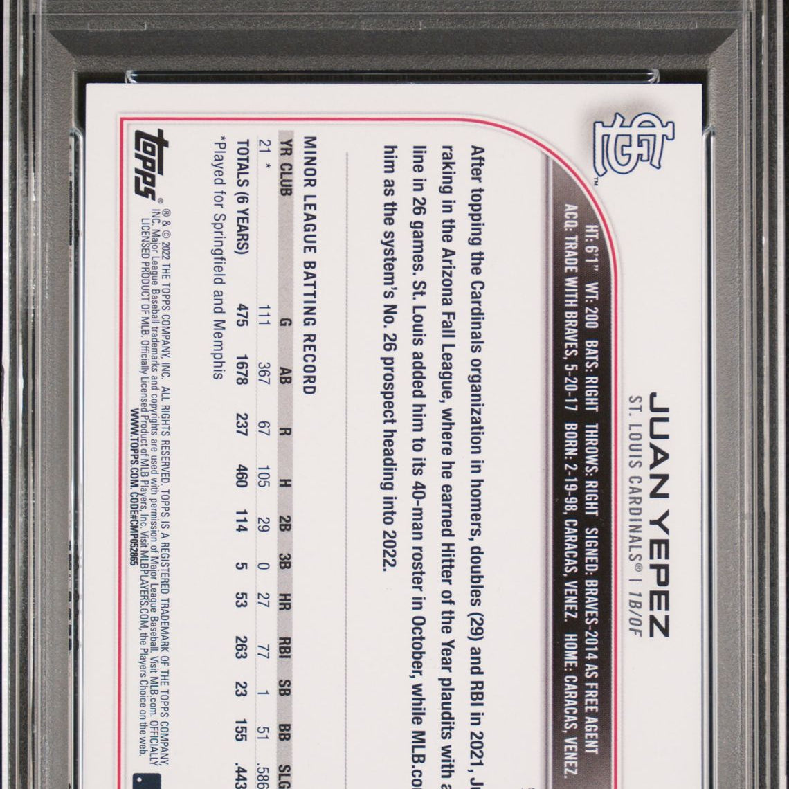 Juan Yepez 2022 Topps Photo Variation #506 (Rookie Card, Short Print) PSA 10 GEM MINT - LoCo Collectables