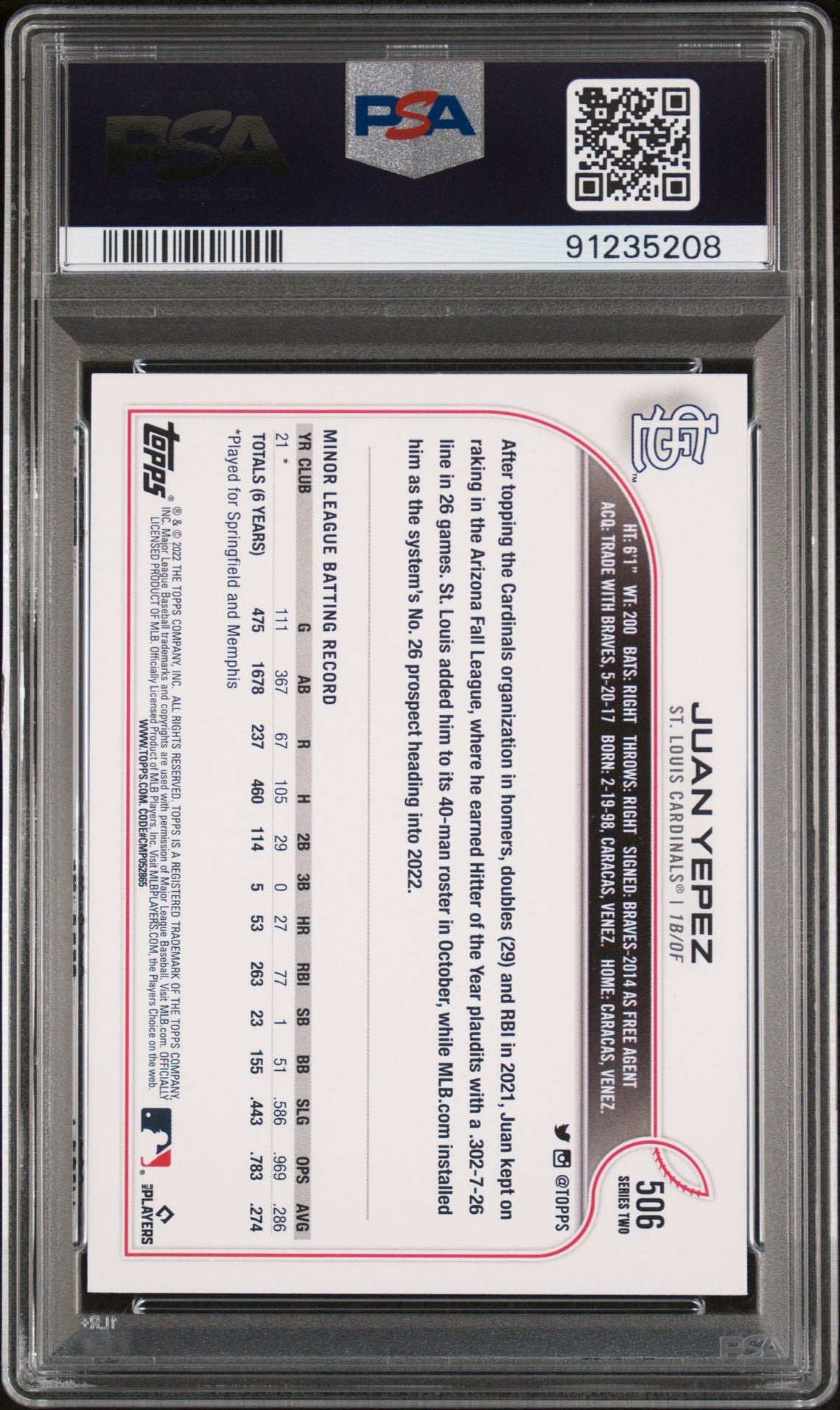 Juan Yepez 2022 Topps Photo Variation #506 (Rookie Card, Short Print) PSA 10 GEM MINT - LoCo Collectables