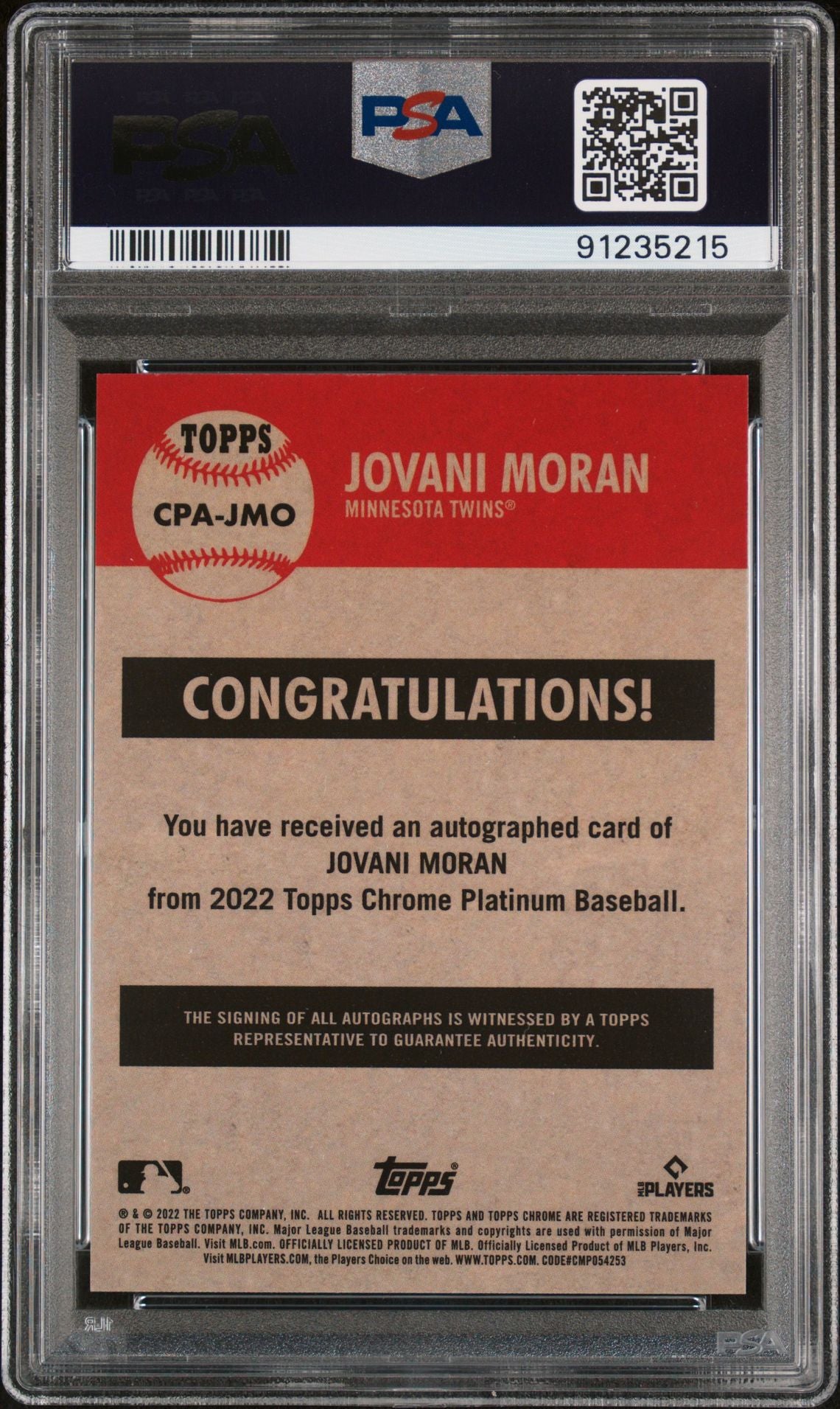 Jovani Moran 2022 Topps Chrome Platinum Anniversary Autograph #CPA-JMO (Rookie Card) PSA 10 GEM MINT - LoCo Collectables