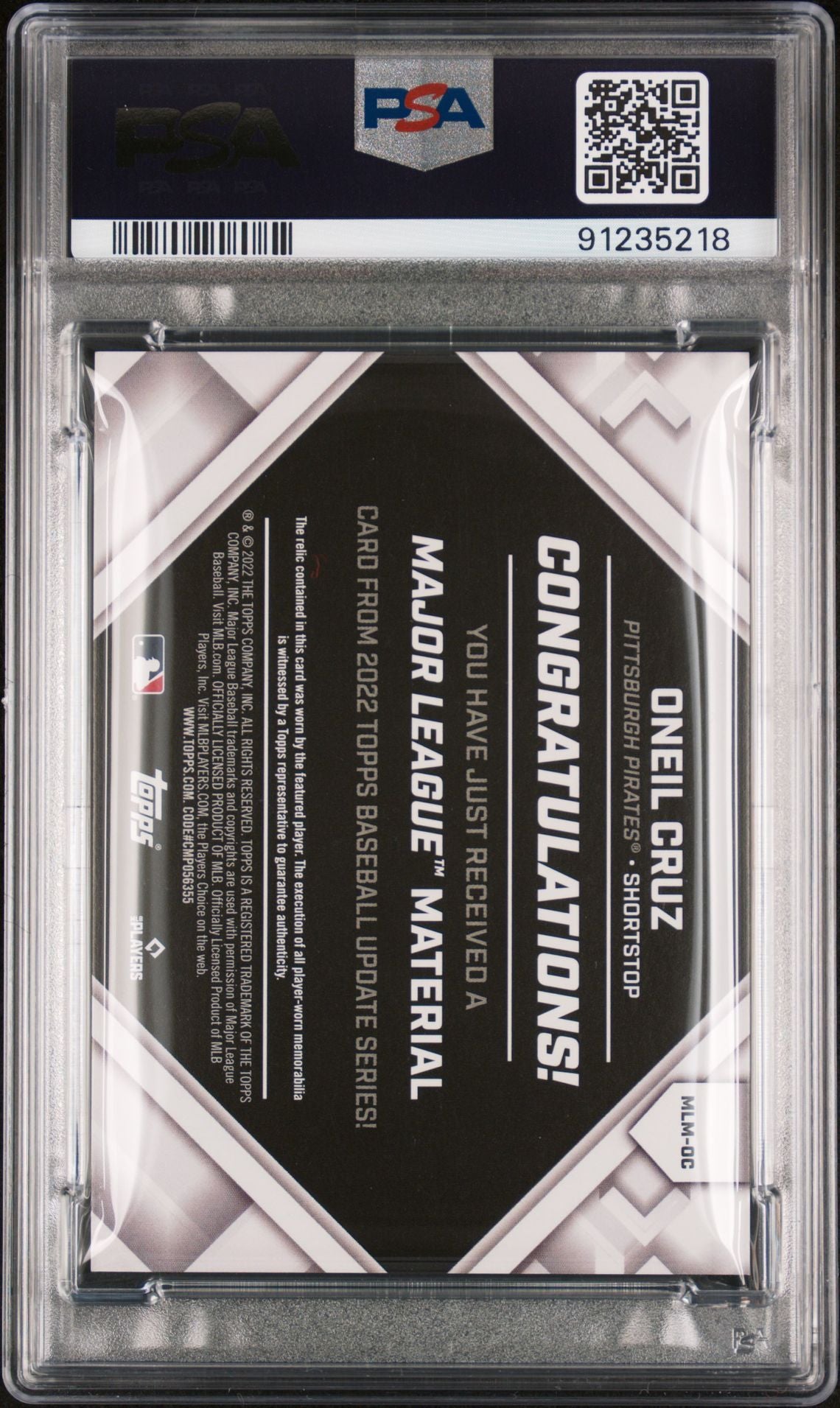 Oneil Cruz 2022 Topps Update Major League Materials #MLM-OC (Rookie Card) PSA 10 GEM MINT - LoCo Collectables