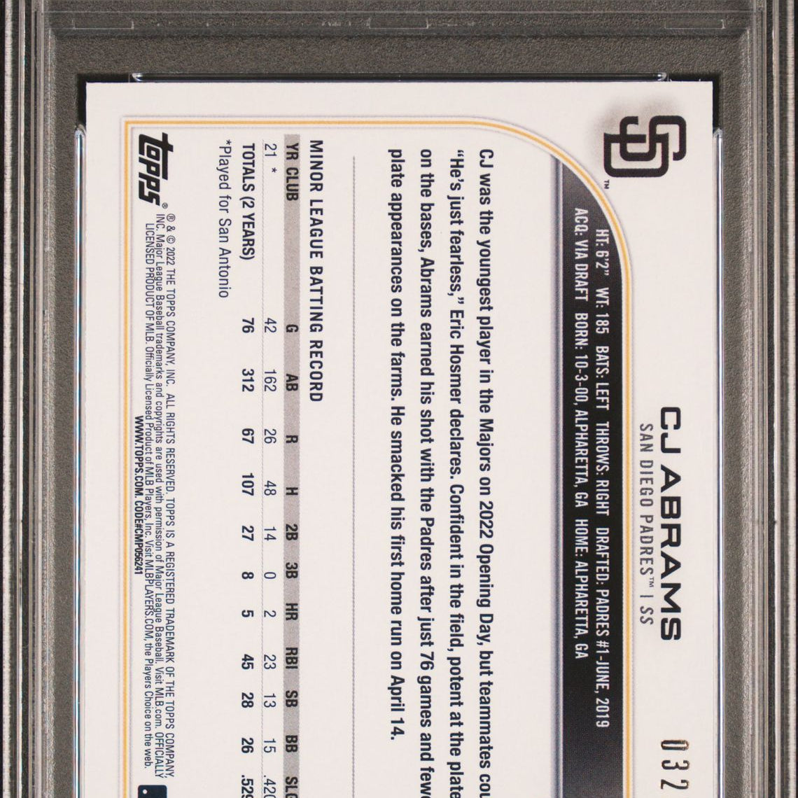 CJ Abrams 2022 Topps Update Gold #US34 (Rookie Card) 0323/2022 PSA 8 NM-MT - LoCo Collectables