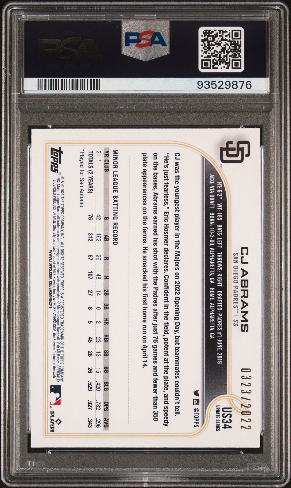 CJ Abrams 2022 Topps Update Gold #US34 (Rookie Card) 0323/2022 PSA 8 NM-MT - LoCo Collectables