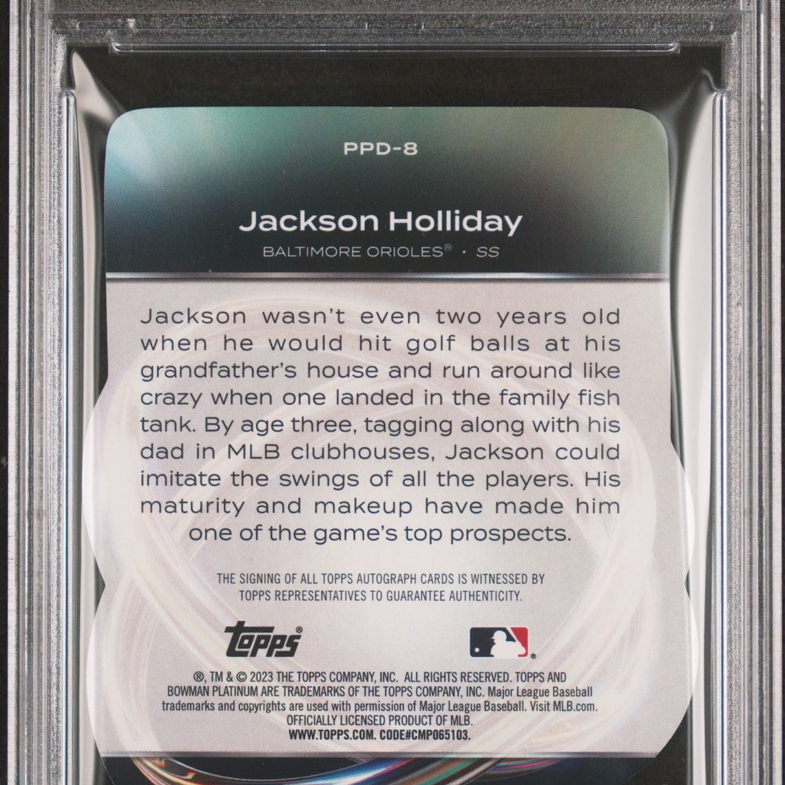 Jackson Holliday 2023 Bowman Platinum Platinum Plating Die-Cut Autographs #PPD-8 88/99 PSA 9 MINT - LoCo Collectables