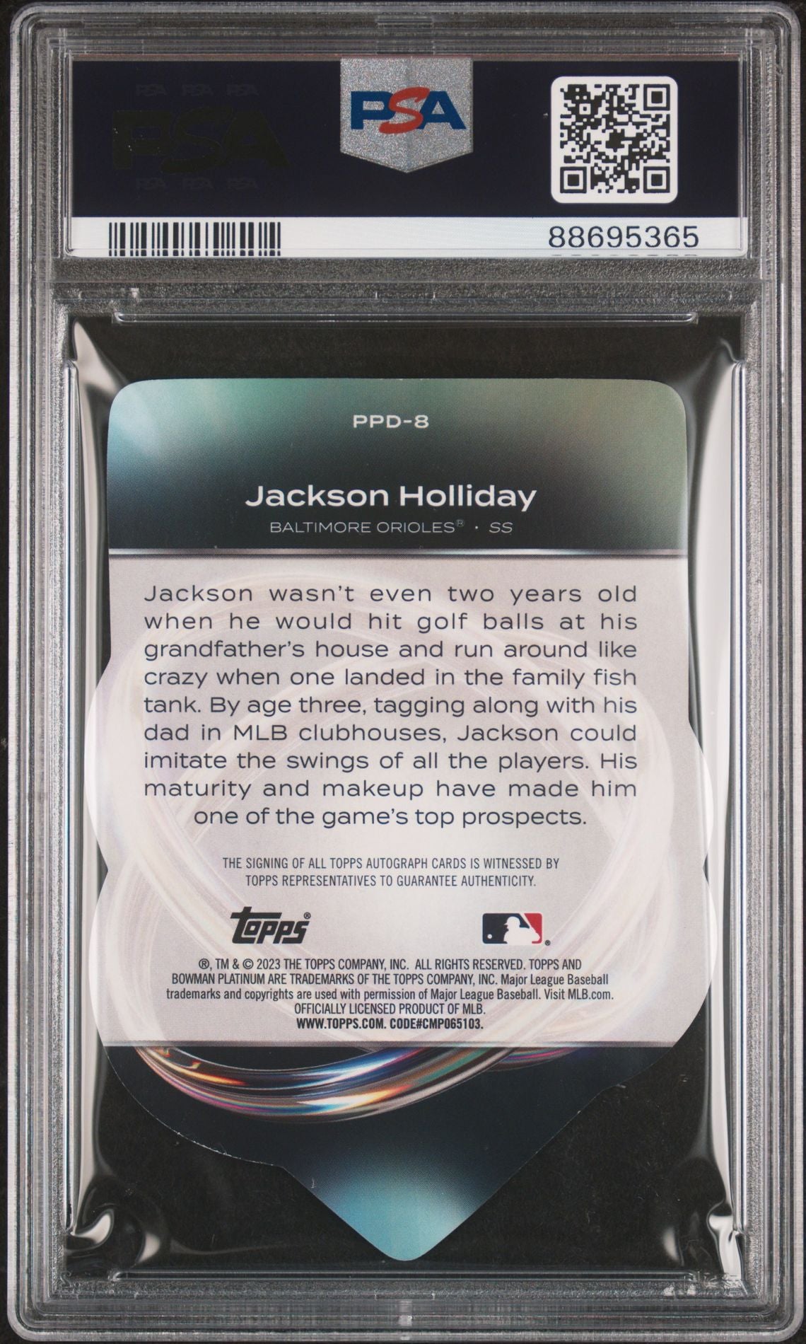 Jackson Holliday 2023 Bowman Platinum Platinum Plating Die-Cut Autographs #PPD-8 88/99 PSA 9 MINT - LoCo Collectables