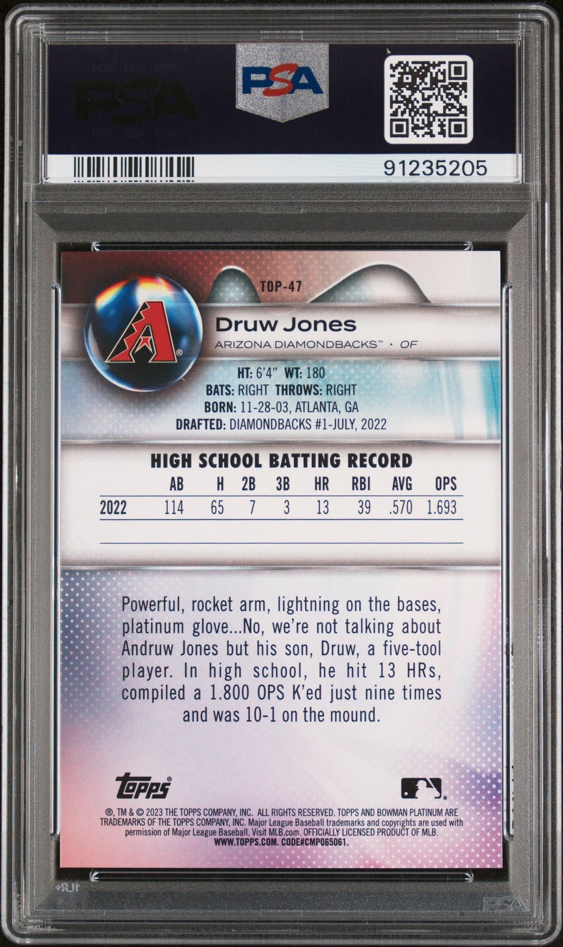 Druw Jones 2023 Bowman Platinum Top Prospects #TOP-47 PSA 10 GEM MINT - LoCo Collectables