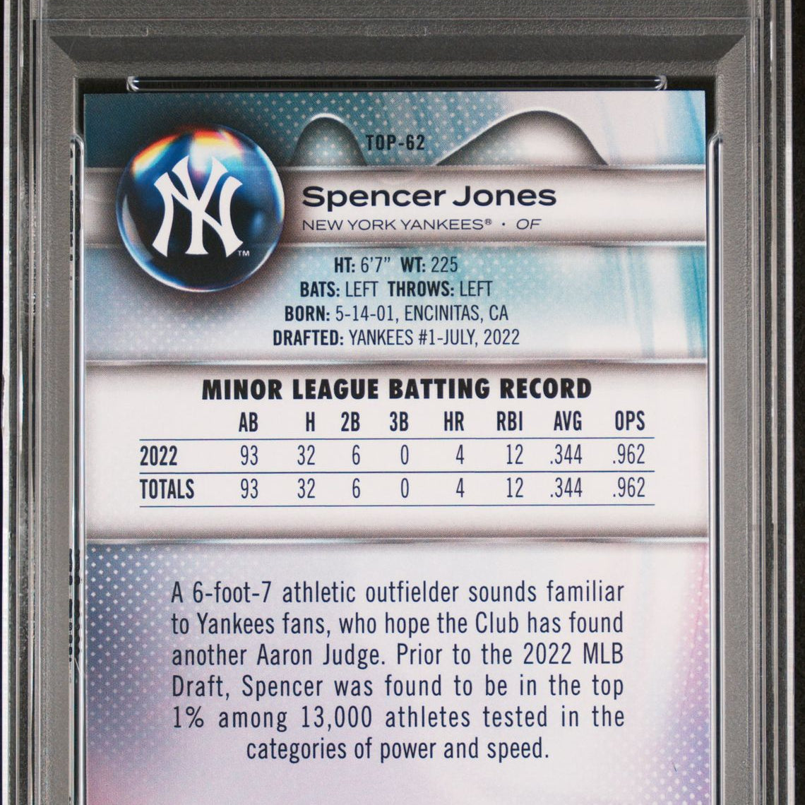 Spencer Jones 2023 Bowman Platinum Top Prospects #TOP-62 PSA 10 GEM MINT - LoCo Collectables