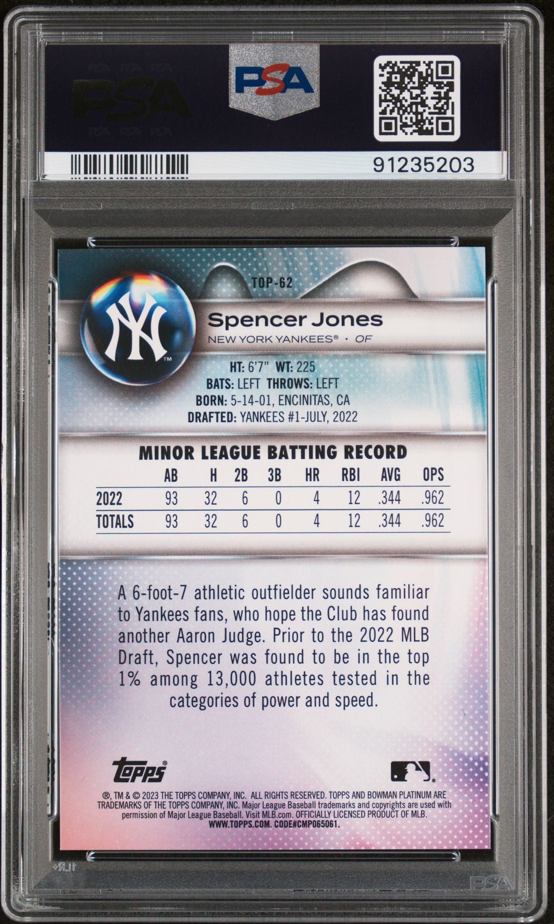 Spencer Jones 2023 Bowman Platinum Top Prospects #TOP-62 PSA 10 GEM MINT - LoCo Collectables