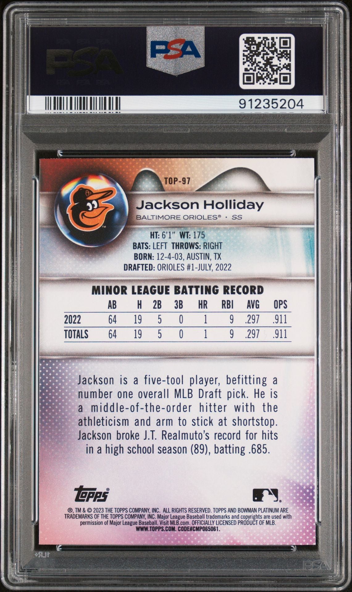 Jackson Holliday 2023 Bowman Platinum Top Prospects TOP-97 PSA 10 MINT - LoCo Collectables