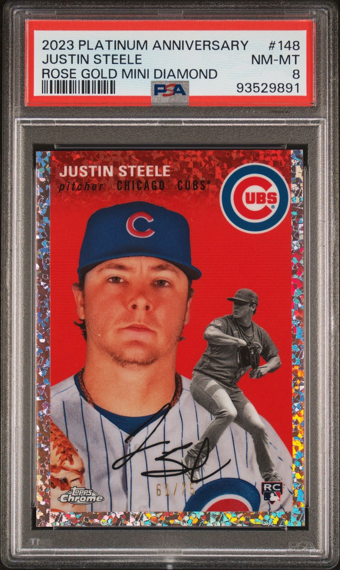 Justin Steele 2023 Topps Chrome Platinum Anniversary Rose Gold Mini-Diamond Refractor #148 (Rookie Card) 61/75 PSA 8 NM-MT - LoCo Collectables