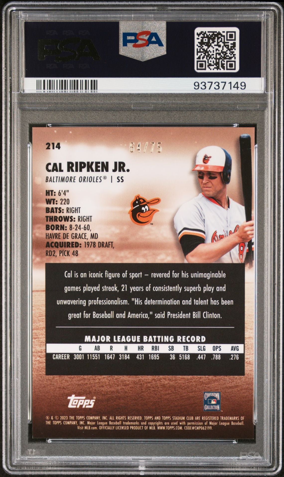 Cal Ripken Jr 2023 Stadium Club Chrome Insert Purple Refractor #214 64/75 PSA 10 GEM MINT - LoCo Collectables