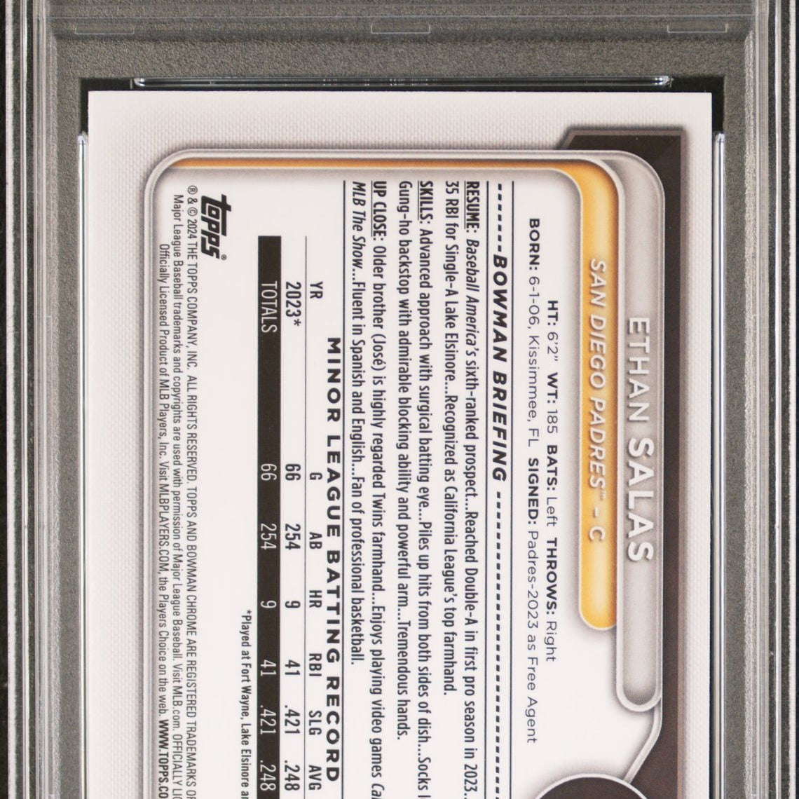 Ethan Salas 2024 Bowman Chrome Sapphire Prospects #BCP-102 PSA 10 GEM MINT - LoCo Collectables