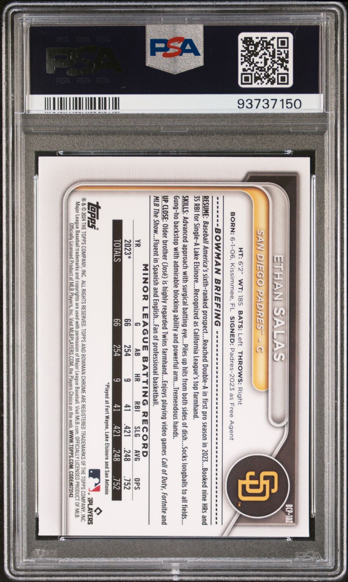 Ethan Salas 2024 Bowman Chrome Sapphire Prospects #BCP-102 PSA 10 GEM MINT - LoCo Collectables