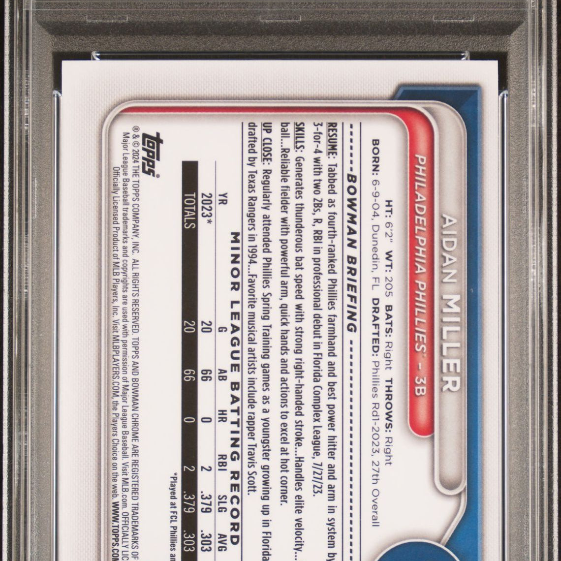 2024 Bowman Chrome Sapphire Prospects #BCP-27 Aidan Miller 1st Bowman PSA 10 GEM MINT - LoCo Collectables