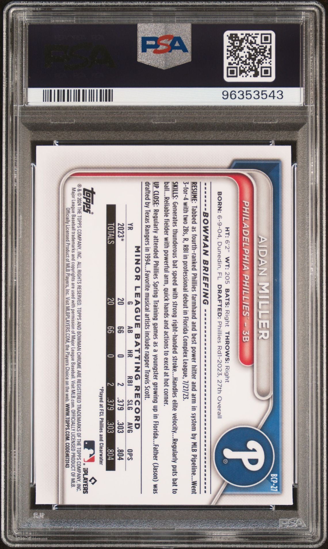 2024 Bowman Chrome Sapphire Prospects #BCP-27 Aidan Miller 1st Bowman PSA 10 GEM MINT - LoCo Collectables