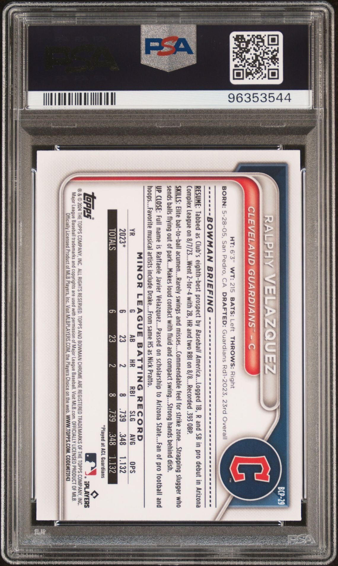 2024 Bowman Chrome Sapphire Prospects Yellow #BCP-29 Ralphy Velazquez PSA 9 MINT - LoCo Collectables