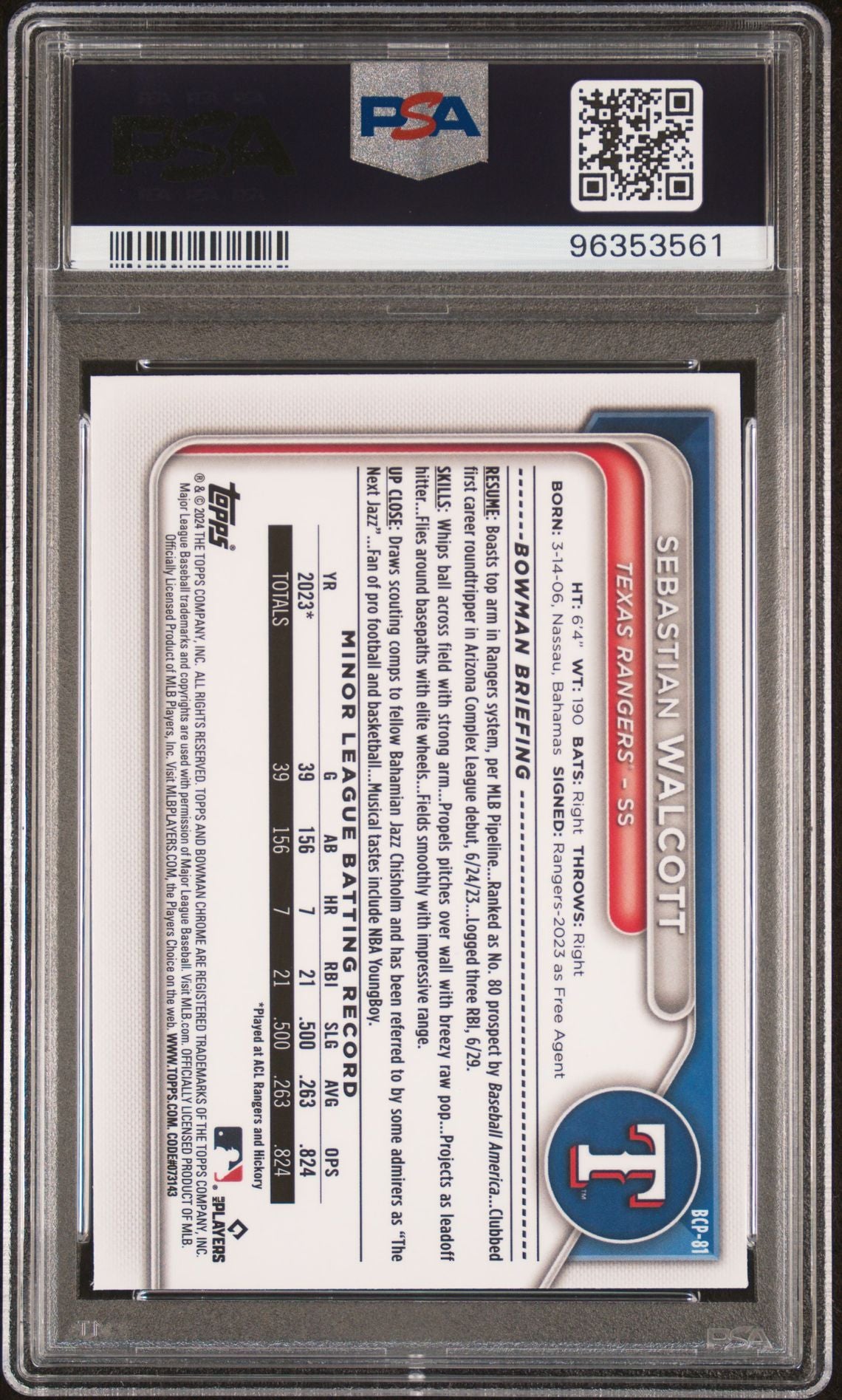 2024 Bowman Chrome Sapphire Prospects #BCP-81 Sebastian Walcott PSA 10 GEM MINT - LoCo Collectables