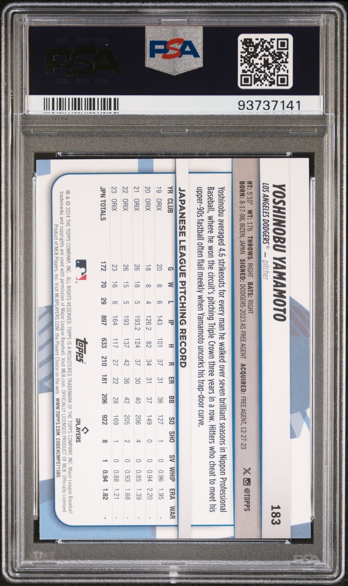 Yoshinobu Yamamoto 2024 Topps Big League Electric Orange Foil #183 (Rookie Card) PSA 10 GEM MINT - LoCo Collectables