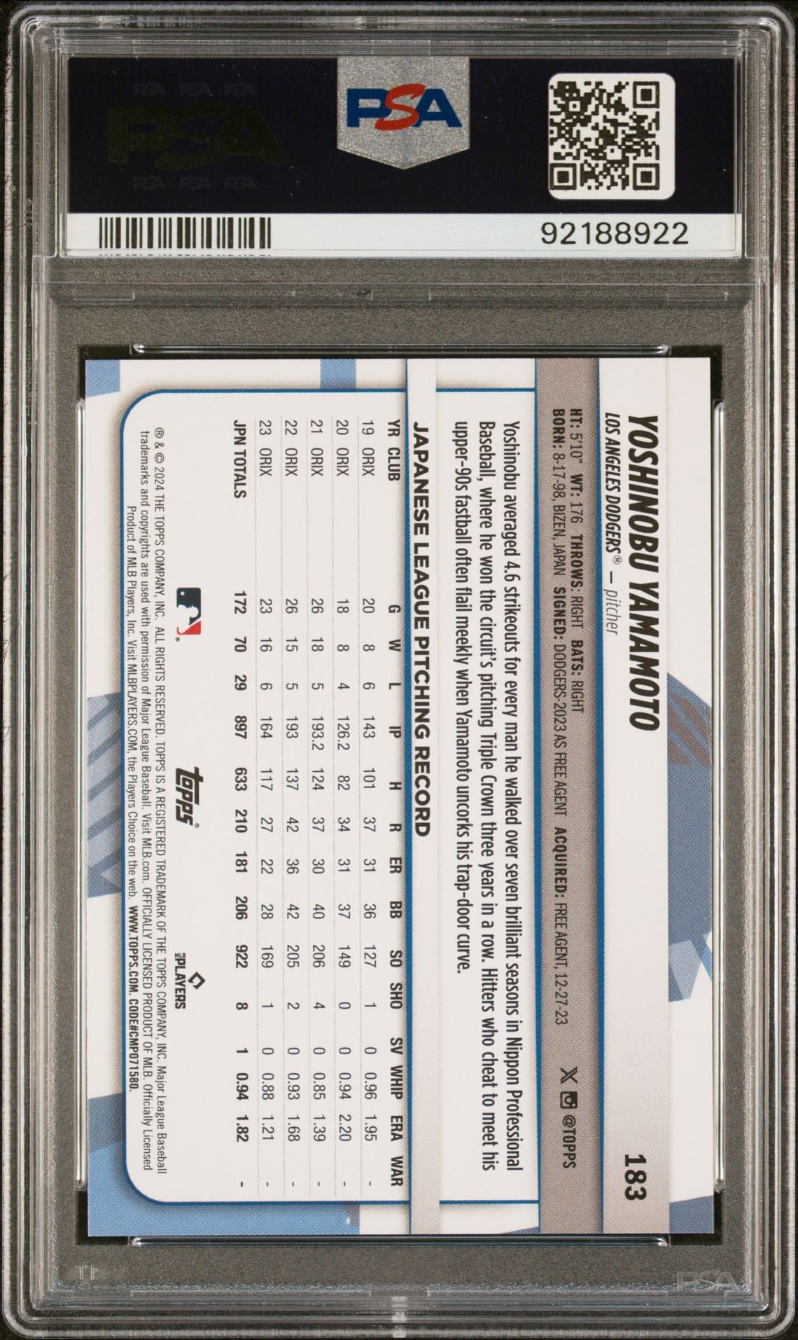 Yoshinobu Yamamoto 2024 Topps Big League #183 (Rookie Card) PSA 10 GEM MINT - LoCo Collectables