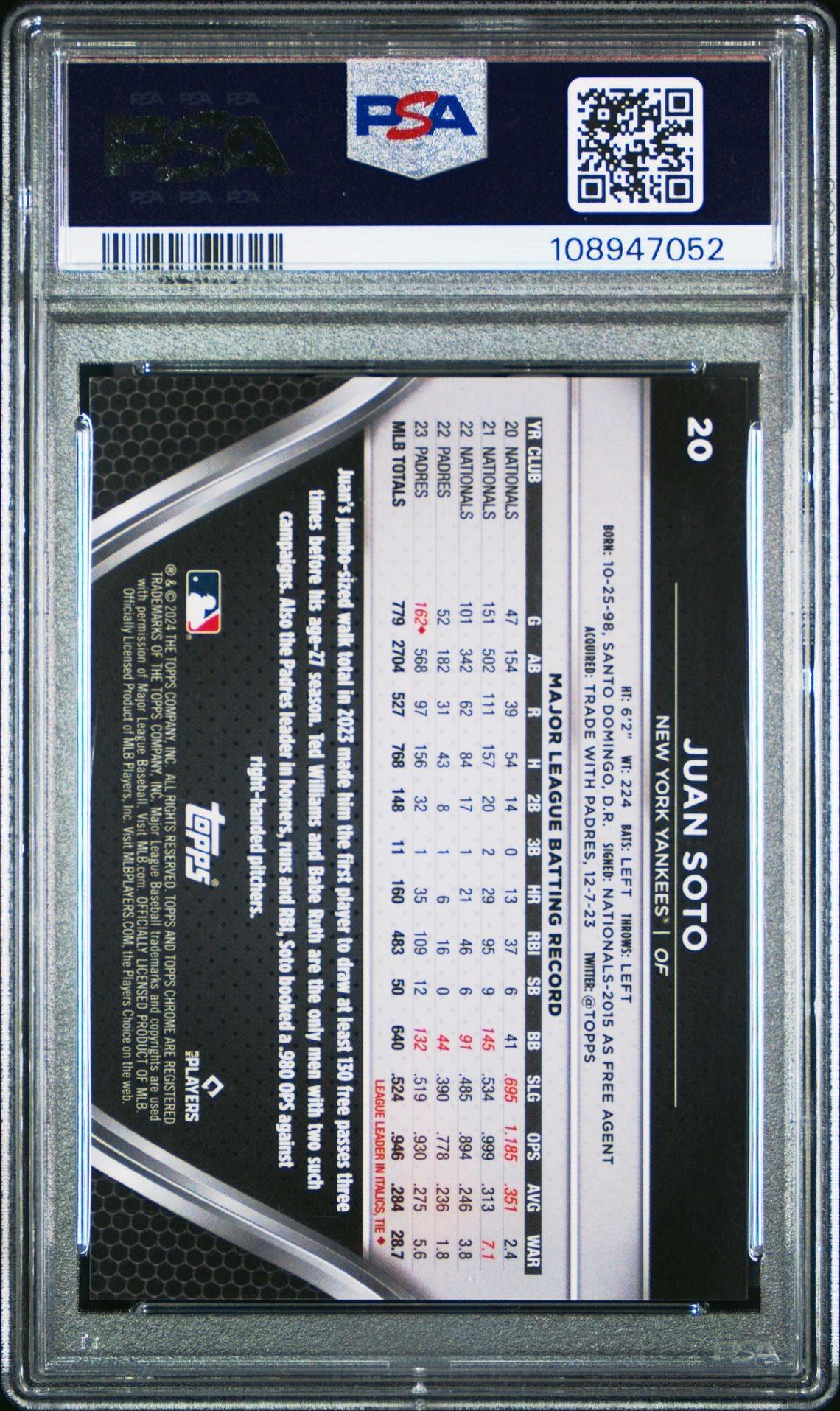 2024 Topps Chrome Black Green Refractor #20 Juan Soto PSA 10