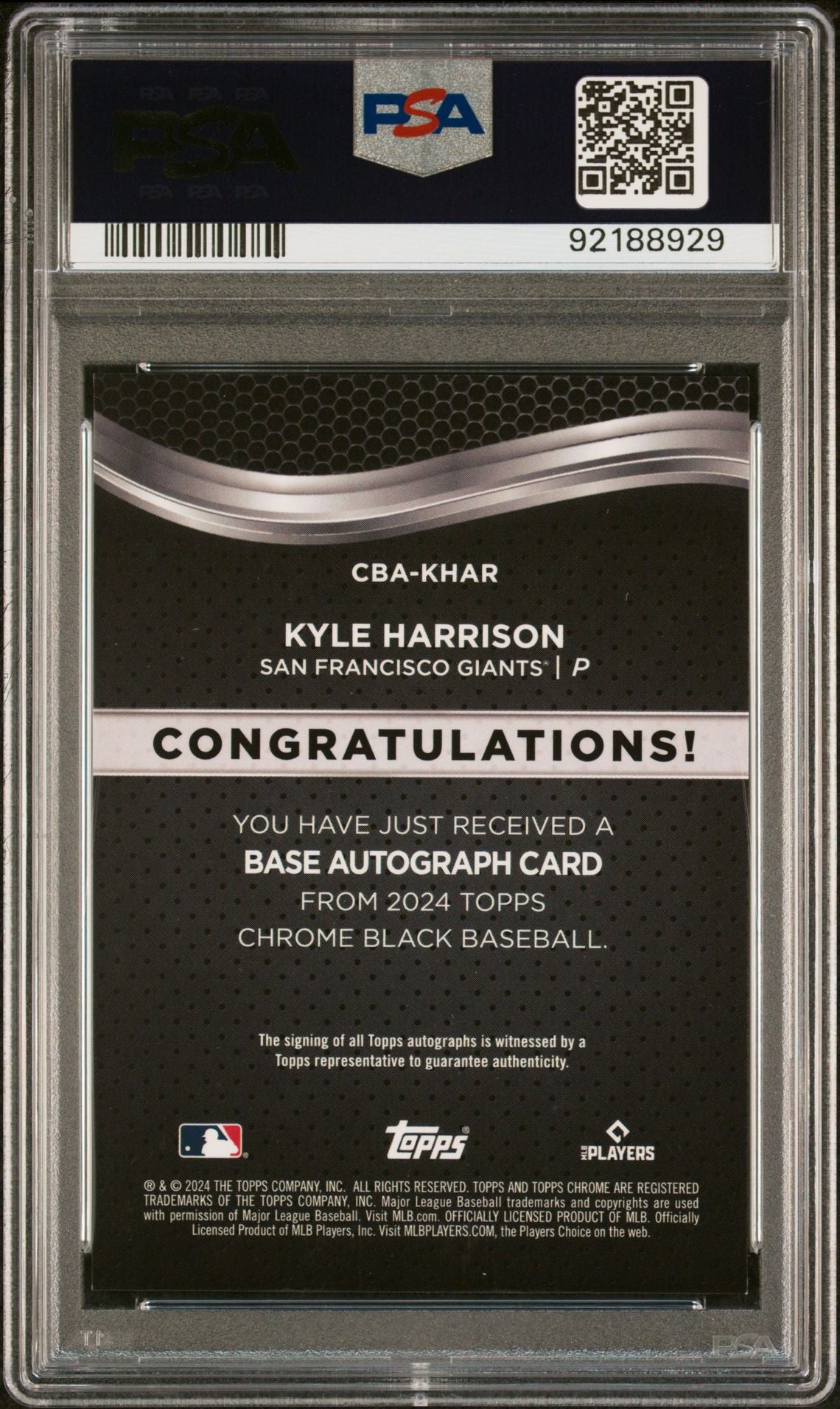 Kyle Harrison 2024 Topps Chrome Black Autograph #CBA-KHAR (Rookie Card) PSA 10 GEM MINT (Copy) - LoCo Collectables