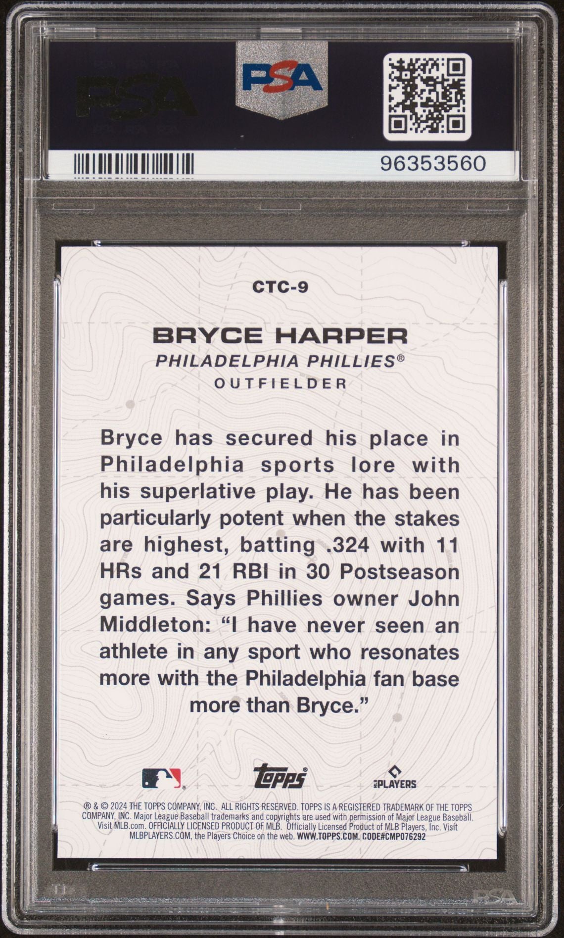 2024 Topps City to City #CTC-9 Bryce Harper PSA 10 GEM MINT - LoCo Collectables