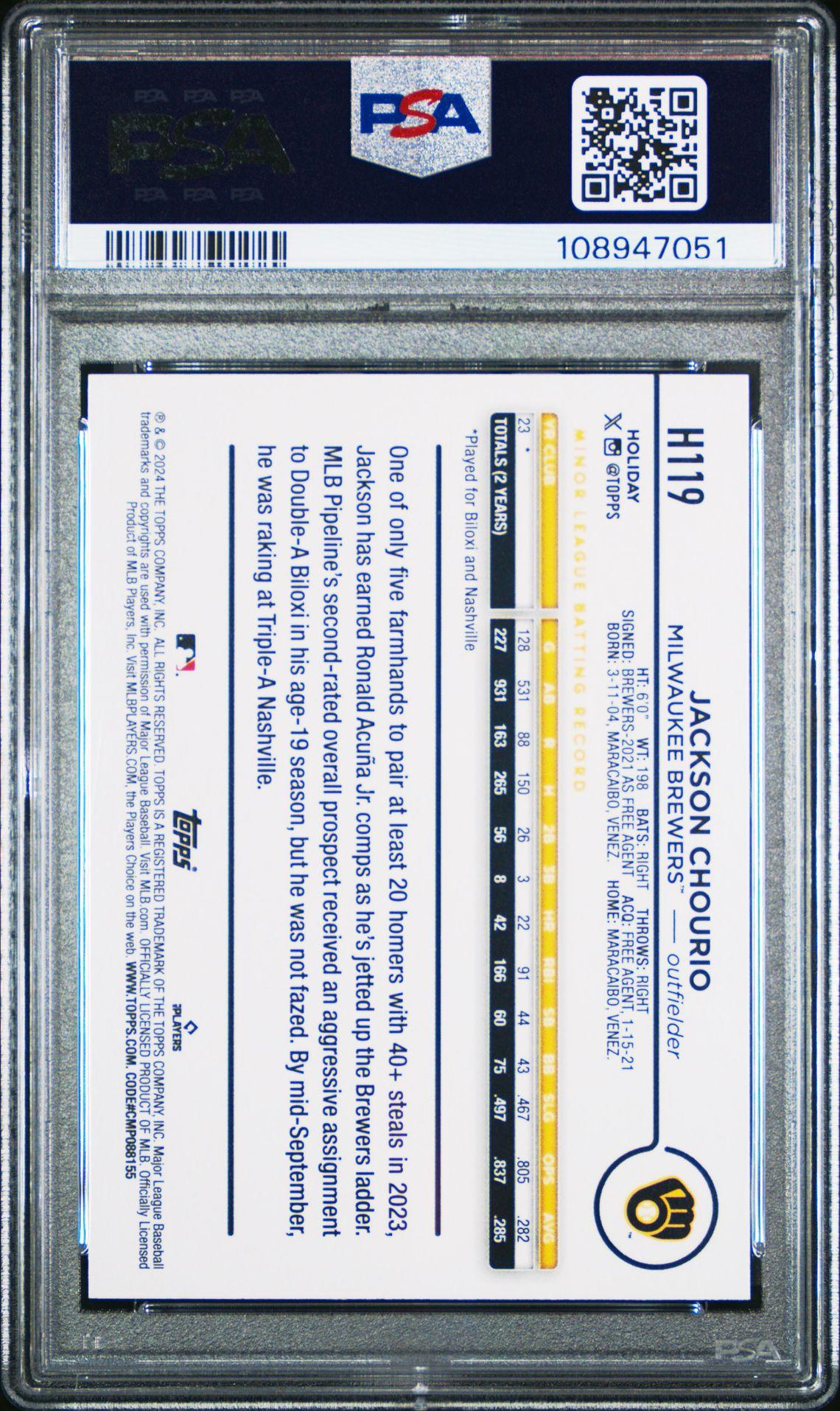 2024 Topps Holiday SP Variation #H119 Jackson Chourio Rookie PSA 9 - LoCo Collectables