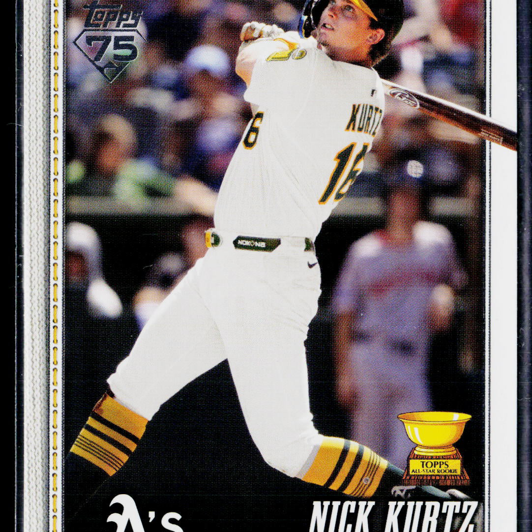 Topps 1995 baseball trading card featuring Nick Kurtz of the Oakland Athletics, shown in a batting pose wearing a white uniform with gold and black accents.