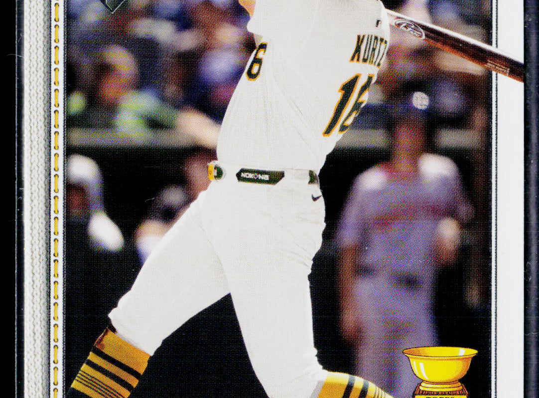Topps 1995 baseball trading card featuring Nick Kurtz of the Oakland Athletics, shown in a batting pose wearing a white uniform with gold and black accents.