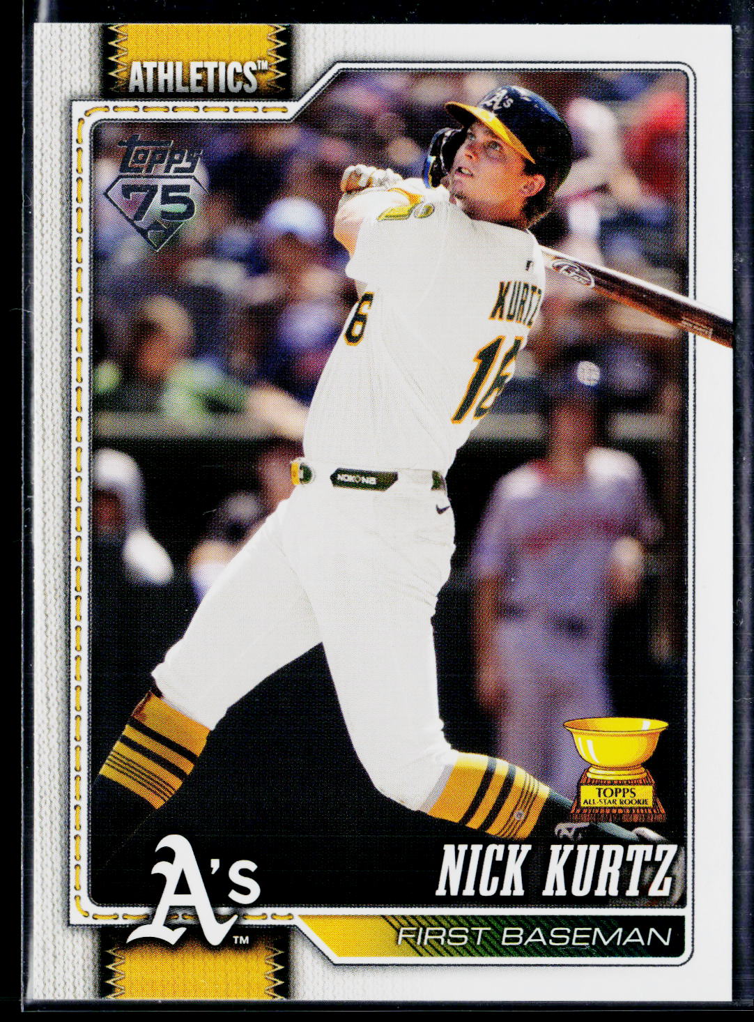 Topps 1995 baseball trading card featuring Nick Kurtz of the Oakland Athletics, shown in a batting pose wearing a white uniform with gold and black accents.