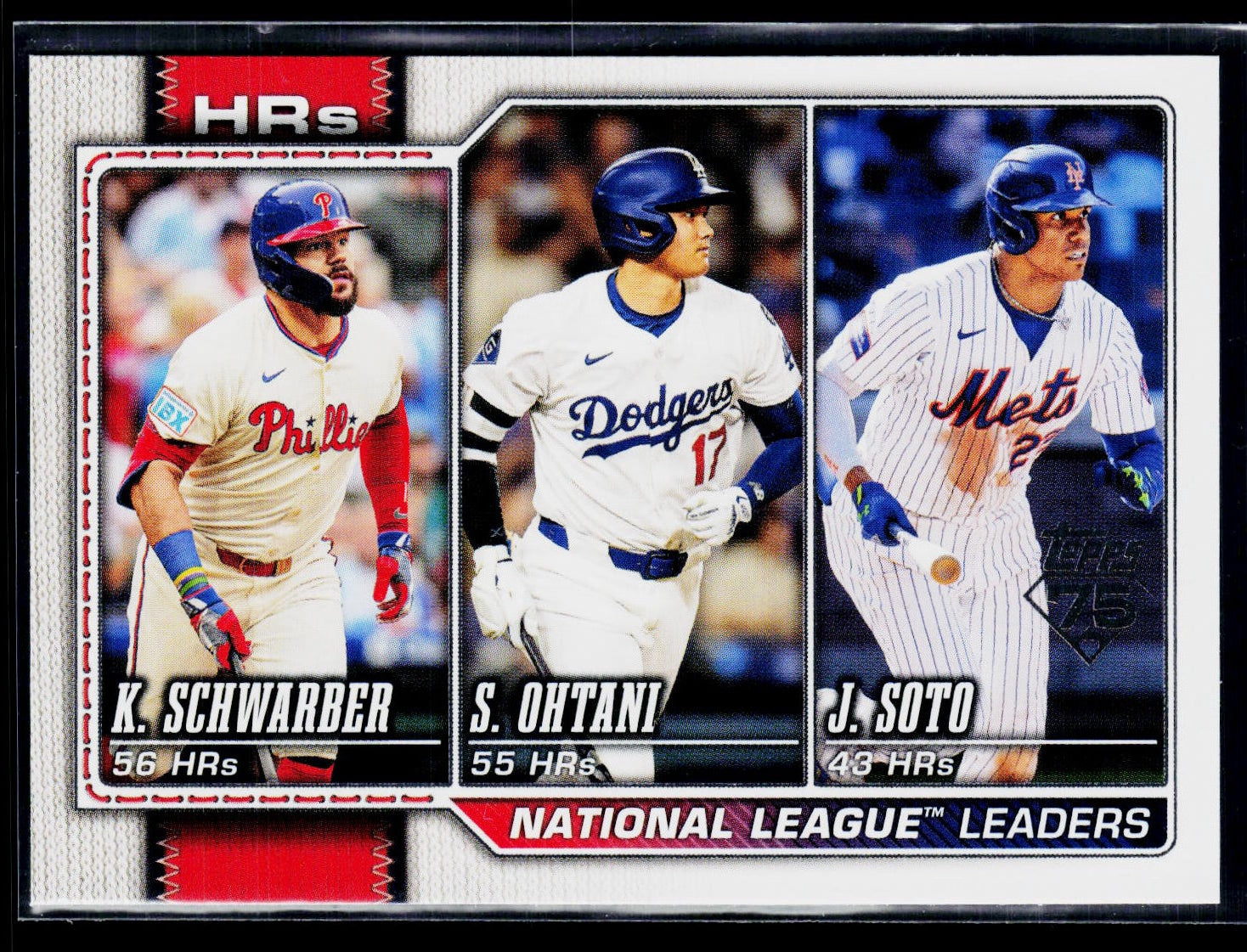 A baseball trading card featuring three vertically stacked player photos with team names Mets, Dodgers, and Phillies, plus text reading National League Leaders and HRS.