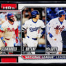 A baseball trading card featuring three vertically stacked player photos with team names Mets, Dodgers, and Phillies, plus text reading National League Leaders and HRS.