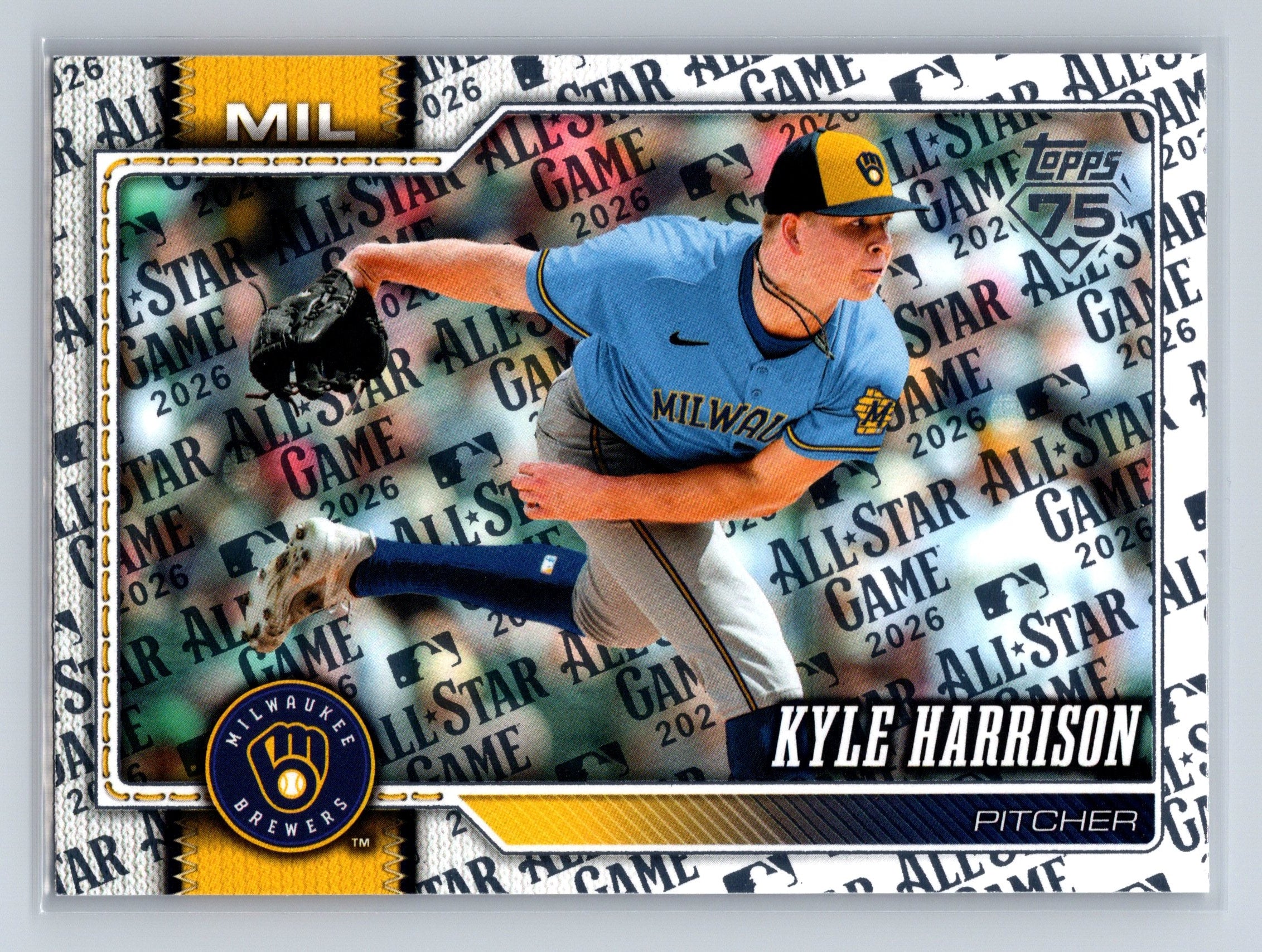 A baseball trading card featuring pitcher Kyle Harrison in a blue Milwaukee Brewers uniform, with team branding, player name, and a metallic patterned border.