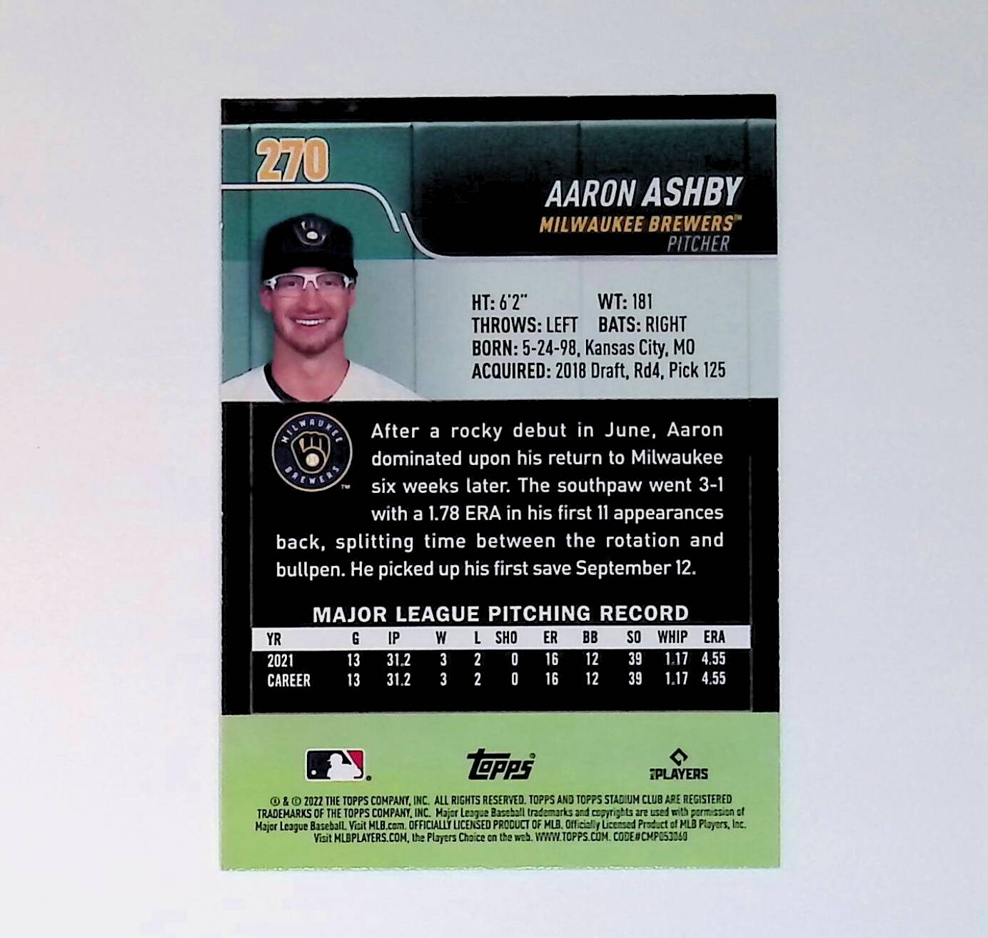 Aaron Ashby 2022 Stadium Club Black Foil #270 (Rookie Card) - LoCo Collectables