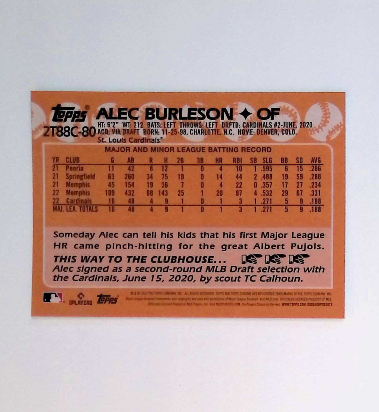 Alec Burleson 2023 Topps '88 Topps Silver Pack Chrome #2T88C-80 (Rookie Card) - LoCo Collectables