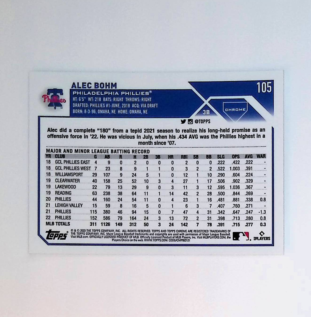 Alec Bohm 2023 Topps Chrome #105 - LoCo Collectables