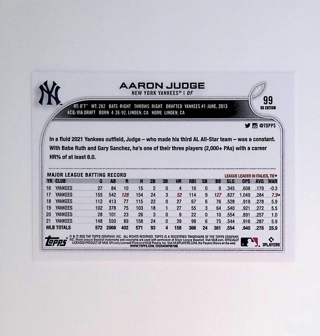 Aaron Judge 2022 Topps UK #99 - LoCo Collectables