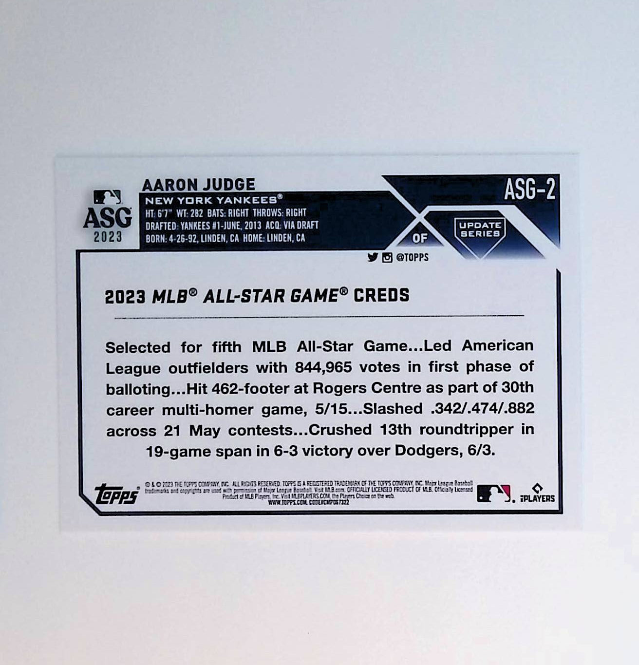 Aaron Judge 2023 Topps Update '23 All-Star Game #ASG-2 - LoCo Collectables