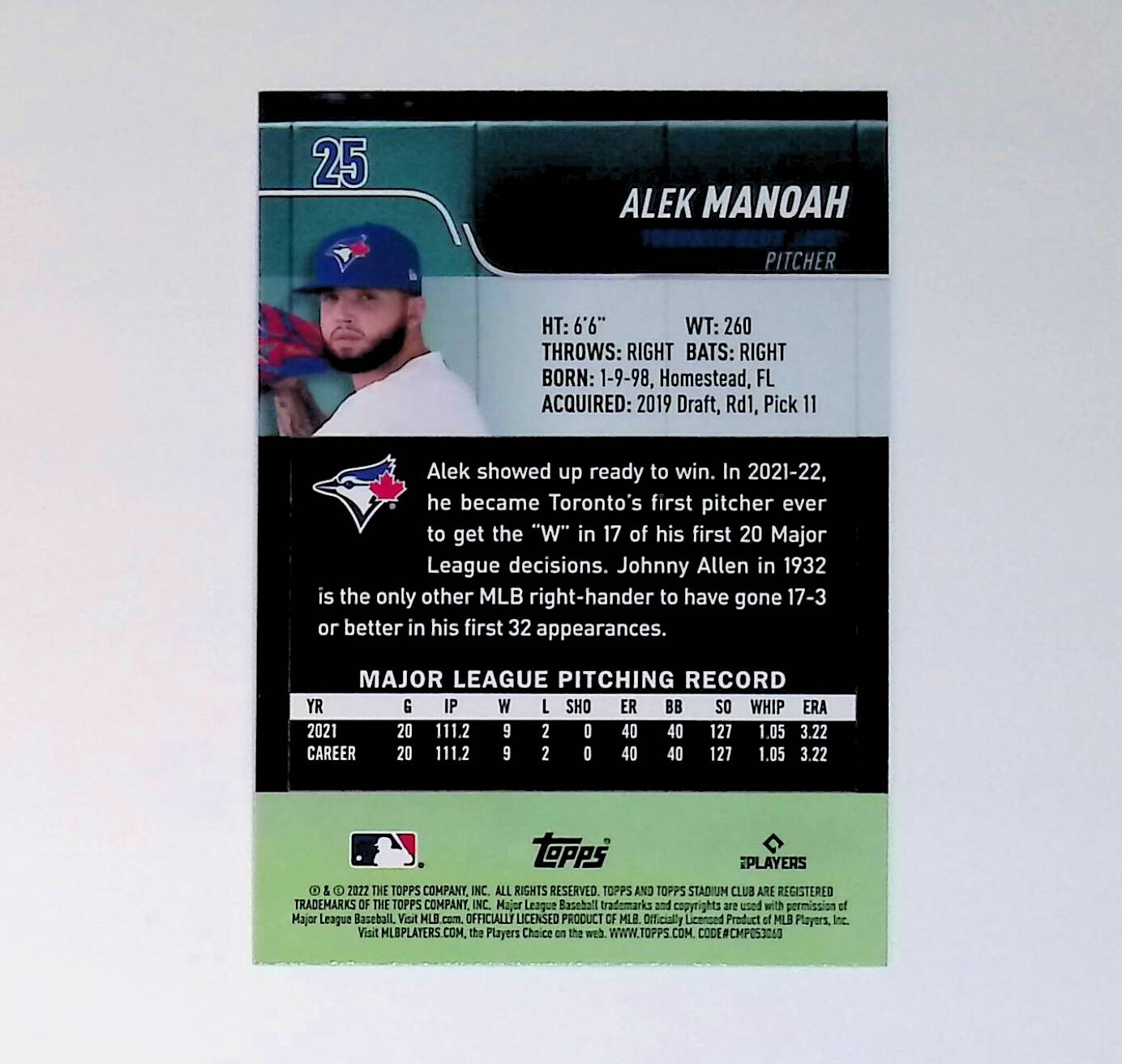 Alek Manoah 2022 Stadium Club Red Foil #25 - LoCo Collectables