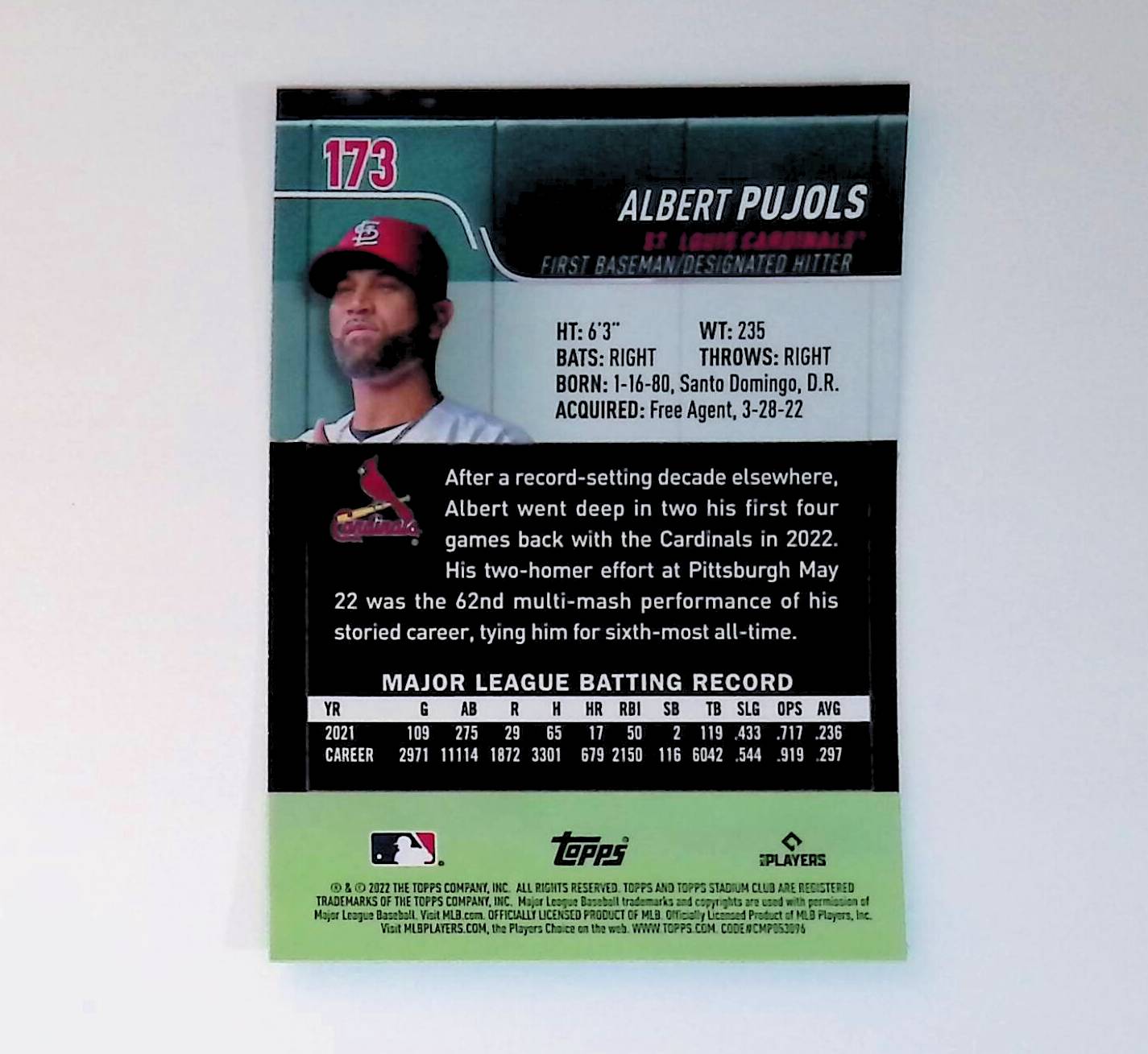 Albert Pujols 2022 Stadium Club Chrome Insert #173 - LoCo Collectables