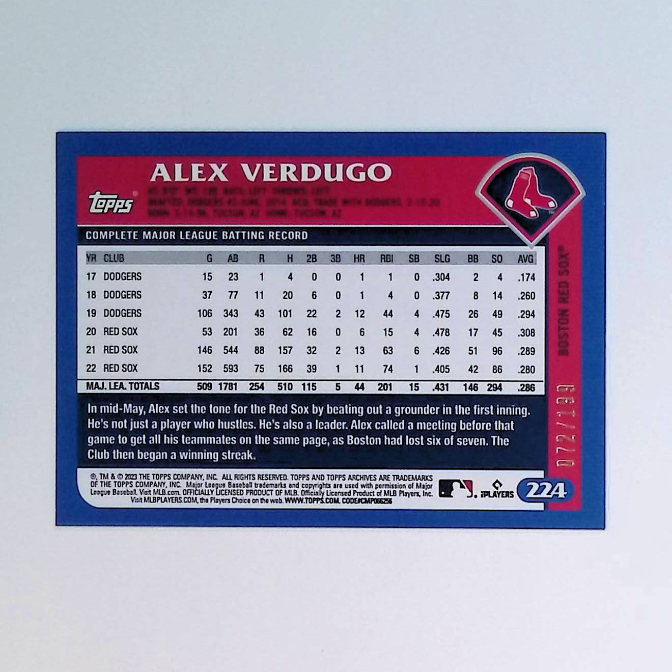 Alex Verdugo 2023 Topps Archives Rainbow #224 072/199 - LoCo Collectables