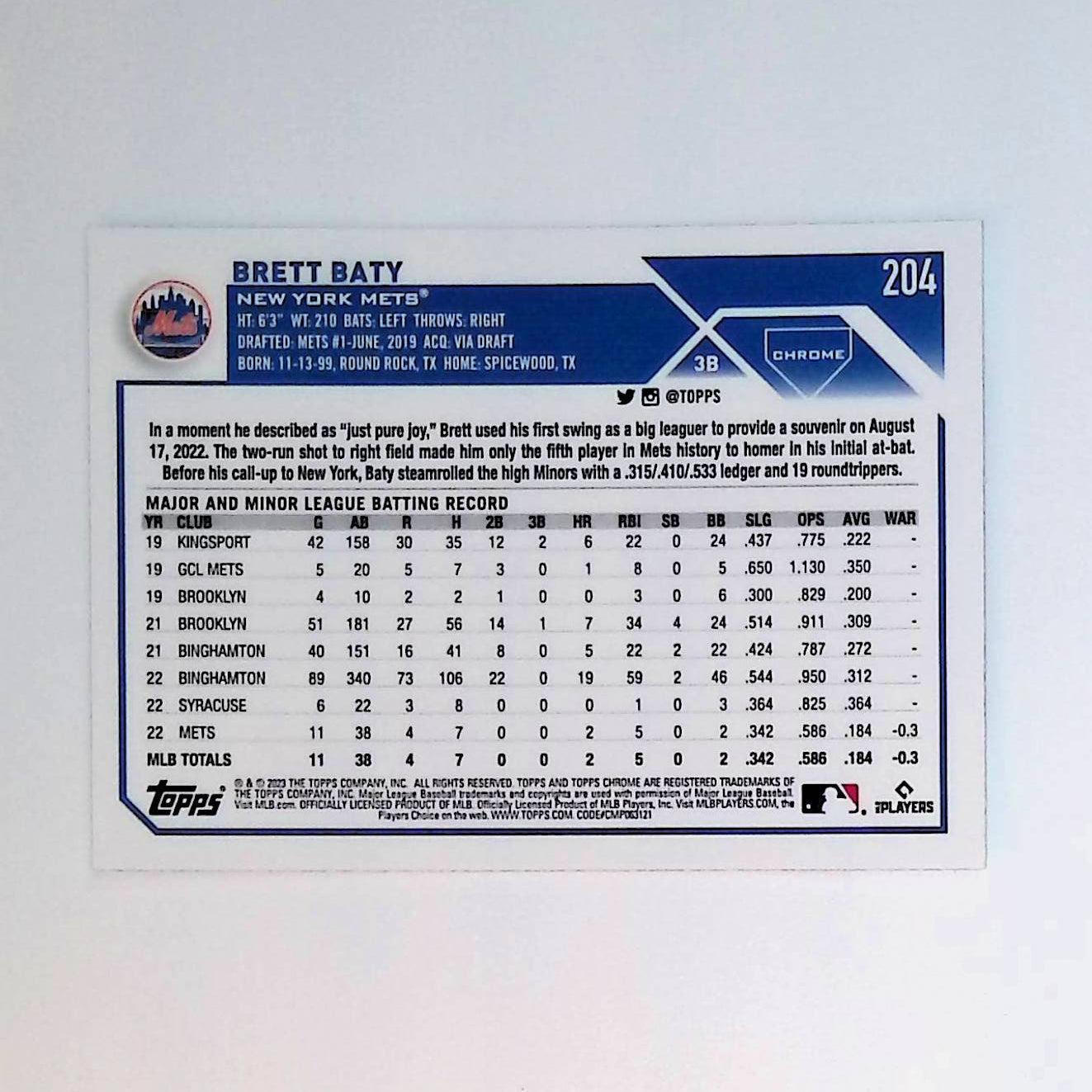 Brett Baty 2023 Topps Chrome #204 (Rookie Card) - LoCo Collectables