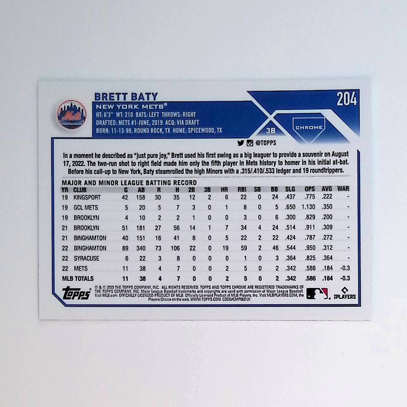 Brett Baty 2023 Topps Chrome X-Fractor #204 (Rookie Card) - LoCo Collectables