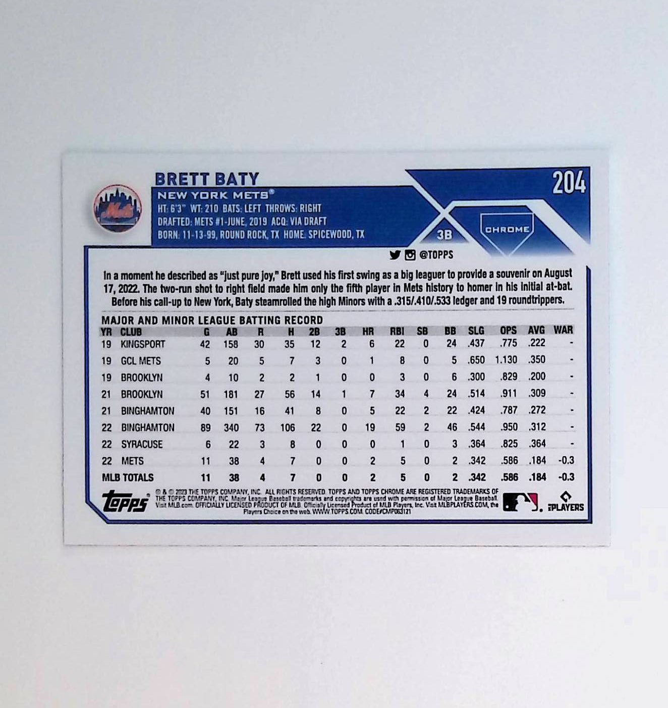 Brett Baty 2023 Topps Chrome X-Fractor #204 (Rookie Card) - LoCo Collectables