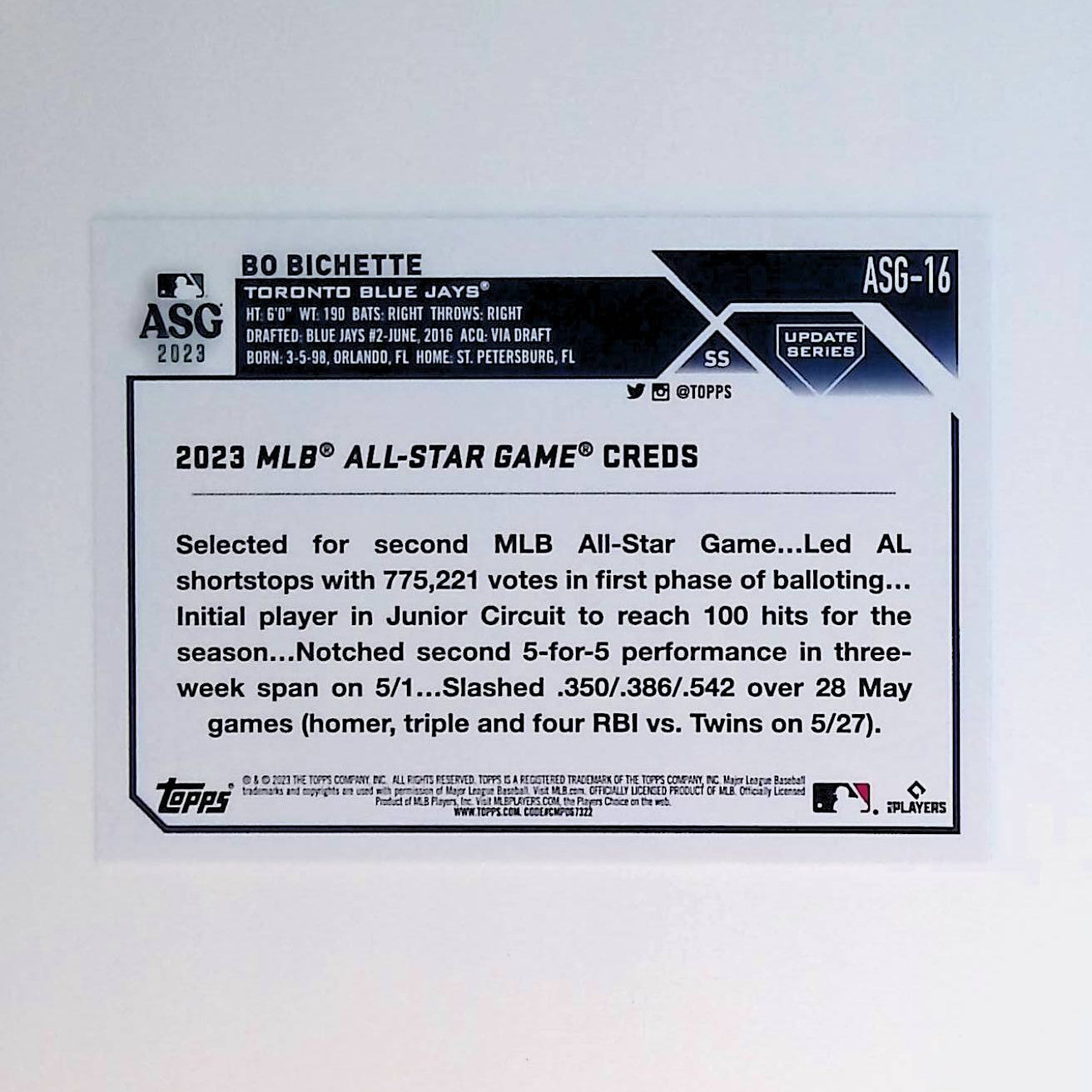 Bo Bichette 2023 Topps Update '23 All-Star Game #ASG-16 - LoCo Collectables